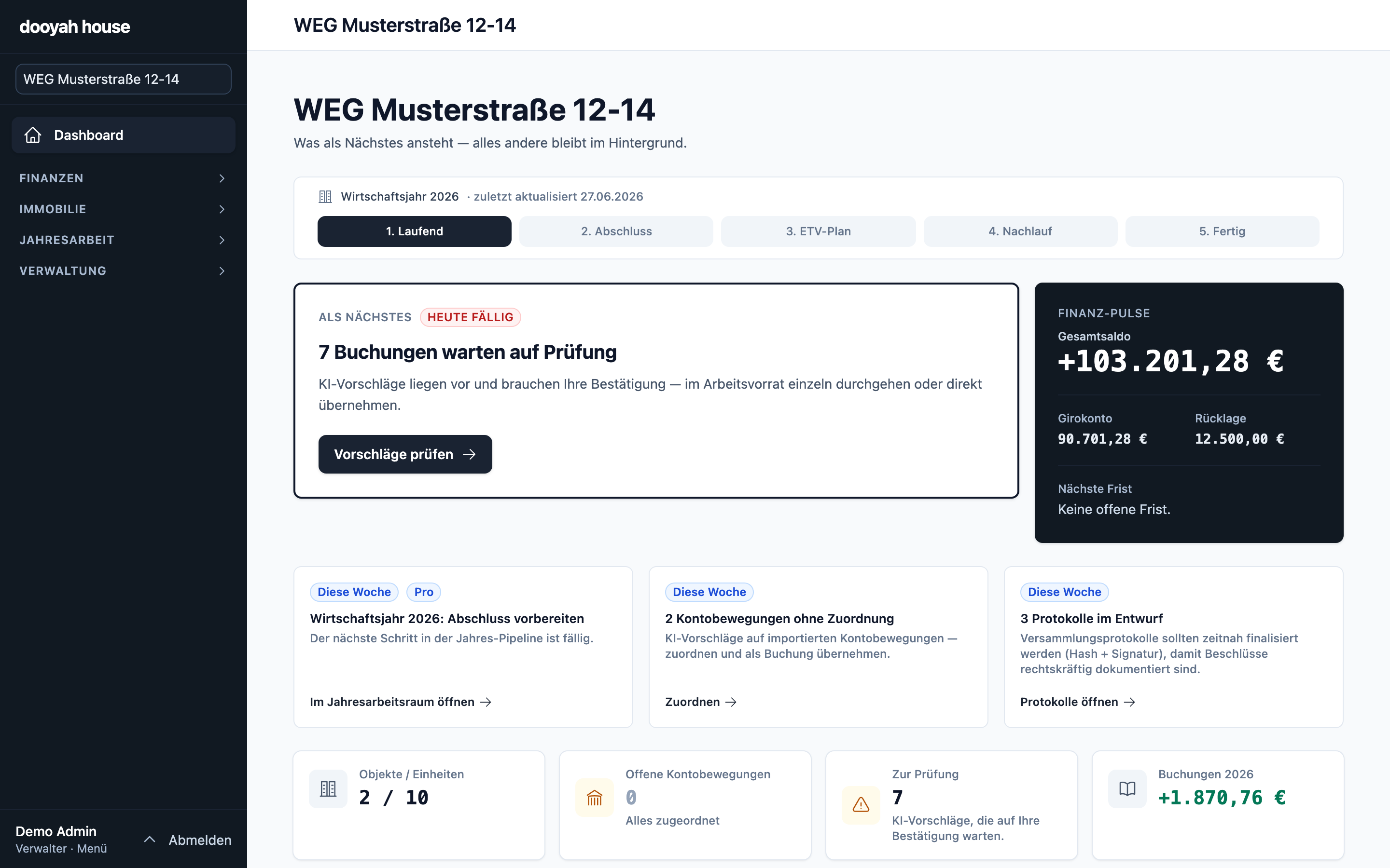 dooyah house Dashboard mit Arbeitsleitstand und Finanzübersicht